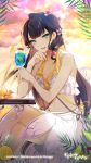  1girl absurdres bangs bare_arms bare_shoulders bellona_(epic7) bikini blue_eyes blue_hair breasts cocktail cocktail_glass cup drinking_glass epic7 flower food fruit hair_flower hair_ornament head_rest head_tilt highres holding large_breasts lemon lemon_slice long_hair looking_at_viewer navel orange orange_slice outdoors ponytail ribbon sitting sky smile solo sunset swimsuit white_bikini 