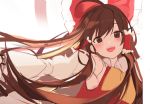  1girl arm_at_side bangs blush bow brown_eyes brown_hair buri_(retty9349) commentary_request detached_sleeves floating_hair frilled_bow frills hair_bow hair_tubes hakurei_reimu long_hair looking_at_viewer open_mouth outstretched_arm red_bow red_ribbon red_shirt ribbon ribbon-trimmed_sleeves ribbon_trim shirt sidelocks sketch solo swept_bangs touhou upper_body very_long_hair yellow_neckwear 