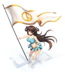  1girl aqua_eyes breasts brown_hair cheerleader flag gloves holding holding_flag large_breasts long_hair navel original simple_background solo toriseru_(thesuperhero) very_long_hair white_background white_gloves 