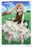  1girl :d absurdres blonde_hair blue_sky breasts brown_eyes brown_vest collarbone day dress enekk floating_hair highres koume_keito layered_dress long_dress long_hair nora_arento official_art open_mouth outdoors page_number ponytail scan shiny shiny_hair sky small_breasts smile solo spice_and_wolf vest white_dress 