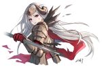  1girl armor da-cart edelgard_von_hresvelg fake_horns feather_trim fire_emblem fire_emblem:_three_houses fire_emblem_heroes from_side gloves headpiece highres holding horns long_hair looking_to_the_side parted_lips red_gloves simple_background solo upper_body violet_eyes white_background white_hair 