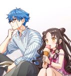  1boy 1girl black_hair blue_hair book casual_one-piece_swimsuit double_bun eating fate/grand_order fate_(series) food glasses hans_christian_andersen_(fate) ice_cream ice_cream_cone older one-piece_swimsuit open_mouth pants sesshouin_kiara shirt siya_ho striped striped_shirt swimsuit vertical-striped_shirt vertical_stripes yellow_eyes younger 