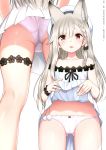  1girl absurdres animal_ears ass bangs bare_shoulders blush bow bow_panties bowtie braid collarbone dress eyebrows_visible_through_hair flat_chest grey_hair hair_ornament hat highres lifted_by_self open_mouth panties plivyou scan scrunchie shiny shiny_skin shiromiya_mimi short_dress simple_background solo thighs tied_hair underwear violet_eyes virtual_youtuber wrist_scrunchie yasuyuki 