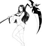  1girl bangs borrowed_character breasts cheshirrr closed_mouth contrapposto dress greyscale highres holding holding_scythe holding_weapon large_breasts long_hair long_sleeves looking_at_viewer monochrome original over_shoulder parted_bangs scythe short_dress simple_background solo standing thigh-highs weapon weapon_over_shoulder white_background 