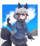  1girl alternate_hair_length alternate_hairstyle animal_ear_fluff animal_ears aramaru bangs black_bow black_gloves black_hair black_legwear black_neckwear black_skirt blue_jacket blush bow bowtie chestnut_mouth clouds commentary_request extra_ears eyebrows_visible_through_hair fox_ears fox_tail fur-trimmed_sleeves fur_trim gloves gradient_hair grey_hair hair_between_eyes jacket kemono_friends long_sleeves looking_at_viewer motion_lines multicolored_hair necktie orange_eyes pantyhose pleated_skirt pointing pointing_at_self short_hair silver_fox_(kemono_friends) skirt solo tail tail_wagging 
