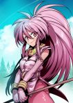  1girl arche_klein breasts broom closed_mouth clouds elbow_gloves gloves highres long_hair looking_at_viewer pants pink_eyes pink_hair pink_pants ponytail smile solo tales_of_(series) tales_of_phantasia tree tukiwani wide_ponytail 