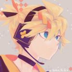 1boy absurdres black_collar blonde_hair blue_eyes collar commentary dated from_side grey_background hair_ornament hairclip headphones headset highres huge_filesize kagamine_len light_smile magical_mirai_(vocaloid) male_focus nagisawa2020 portrait short_ponytail spiky_hair symbol_commentary vocaloid 