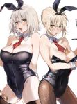 2girls amakaze animal_ears artoria_pendragon_(all) back-to-back bangs between_breasts blonde_eyebrows blonde_hair blush breasts bunny_tail bunnysuit collar commentary_request detached_cuffs eyes_visible_through_hair fate/grand_order fate_(series) fishnet_legwear fishnets highres jeanne_d&#039;arc_(alter)_(fate) jeanne_d&#039;arc_(fate)_(all) large_breasts money money_hold multiple_girls neckwear no_bra no_panties no_underwear oekaki open_mouth rabbit_ears red_neckwear saber saber_alter short_hair simple_background tail thigh-highs thighs white_background white_hair