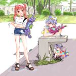  3girls aisaki_emiru bangs bare_legs blunt_bangs blush bow braid bush choker d: double_bun drinking_fountain dual_persona expressionless faucet french_braid grass hair_bow hairband hugtto!_precure long_hair looking_at_another monster_rally multiple_girls older open_mouth outdoors precure purple_hair red_eyes ruru_amour sandals shirt short_shorts shorts sidelocks sideways_glance sleeves_rolled_up time_paradox tree twintails violet_eyes water_balloon water_gun weeds wet wet_clothes wet_shirt younger 