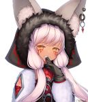  1girl :3 absurdres animal_ear_fluff animal_ears artist_name bangs bintz black_gloves blush character_request cloak commentary_request dark_skin eyebrows_visible_through_hair facial_mark fang finger_to_mouth fur_trim gloves grin guardian_tales hand_to_own_mouth hand_up highres hood hood_up long_hair looking_at_viewer low_twintails pink_hair signature silver_hair simple_background smile solo teeth twintails upper_body white_background white_hair yellow_eyes 