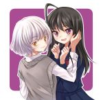  2girls act-age ahoge bangs black_hair blush closed_mouth eyebrows_visible_through_hair hair_between_eyes hand_in_another&#039;s_hair highres long_hair looking_at_viewer mesobons momoshiro_chiyoko multiple_girls open_mouth purple_background school_uniform short_hair simple_background smile sweater violet_eyes white_hair yellow_eyes yonagi_kei 