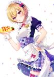  1girl :o apron bangs blonde_hair blush bow bowtie confetti detached_collar dress ear_piercing eyebrows_visible_through_hair food frills hair_between_eyes hand_on_hip headdress highres hiiragi_kei holding holding_plate idolmaster idolmaster_shiny_colors looking_at_viewer maid maid_headdress omelet omurice open_mouth piercing pink_bow pink_neckwear plaid plaid_dress plaid_skirt plate saijou_juri short_sleeves simple_background skirt solo thigh-highs violet_eyes white_background white_legwear wrist_cuffs 