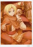  1girl absurdres bangs blonde_hair blue_eyes boat brown_coat brown_pants closed_mouth coat eve_bolan hair_between_eyes hair_intakes highres holding indian_style koume_keito long_sleeves looking_at_viewer official_art page_number pants scan shirt sitting smile solo spice_and_wolf watercraft white_shirt 