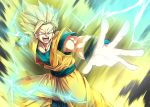  1boy aura blonde_hair dragon_ball dragon_ball_z electricity green_eyes highres male_focus mattari_illust muscle open_hand open_mouth outstretched_arm son_gokuu super_saiyan super_saiyan_2 v-shaped_eyebrows 