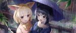  2girls absurdres animal_ears animal_ears_(artist) black_hair black_neckwear blonde_hair blue_sweater blush bow bowtie commentary_request common_raccoon_(kemono_friends) extra_ears fang fennec_(kemono_friends) fox_ears fox_girl fur_collar grey_hair highres kemono_friends multicolored_hair multiple_girls open_mouth phone pink_sweater puffy_short_sleeves puffy_sleeves raccoon_ears raccoon_girl rain shirt short_hair short_sleeves sweater umbrella white_fur white_shirt yellow_eyes 