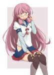  1girl akashi_(kantai_collection) bangs blush breasts cosplay eyebrows_visible_through_hair glasses green_eyes hair_between_eyes hair_ribbon hand_on_lap hip_bones hip_vent kantai_collection kugui_kiyunemu long_hair long_sleeves looking_at_viewer military military_uniform naval_uniform ooyodo_(kantai_collection) ooyodo_(kantai_collection)_(cosplay) open_mouth pink_hair pleated_skirt ribbon school_uniform semi-rimless_eyewear serafuku simple_background sitting skirt solo thigh-highs tress_ribbon under-rim_eyewear uniform 