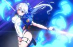  1girl blue_bow blue_jacket blue_swimsuit bow breasts commentary_request dual_wielding energy_sword eyebrows_visible_through_hair fate/grand_order fate_(series) hair_between_eyes hair_bow highres holding holding_sword holding_weapon jacket large_breasts lilya_(lilya_litvak) long_hair mitsudomoe_(shape) multicolored multicolored_clothes multicolored_swimsuit one-piece_swimsuit open_clothes open_jacket ponytail red_eyes short_sleeves silver_hair solo swimsuit sword thigh_strap tomoe_(symbol) tomoe_gozen_(fate/grand_order) tomoe_gozen_(swimsuit_saber)_(fate) weapon white_swimsuit 