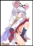  1girl :q animal_ears bangs black_leotard black_panties blush bow brown_footwear caburi eyebrows_visible_through_hair fake_animal_ears full_body granblue_fantasy hair_ornament hairclip heart_cutout highres leotard lifted_by_self loafers long_sleeves looking_at_viewer mouse_ears panties red_eyes shirt shoes short_hair silver_hair simple_background skirt skirt_lift smile solo tongue tongue_out underwear v vikala_(granblue_fantasy) white_background white_shirt white_skirt 