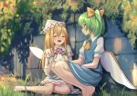  2girls :d ^_^ ascot bangs bare_legs barefoot blonde_hair blue_dress bow brick_wall capelet closed_eyes commentary daiyousei dress facing_another fairy_wings grass green_eyes green_hair hair_between_eyes hair_bow hat korean_commentary lily_white long_hair looking_at_another multiple_girls on_grass open_mouth outdoors rennyang short_sleeves side_ponytail sitting smile squatting touhou white_capelet white_dress white_headwear wings yellow_bow yellow_neckwear yokozuwari 