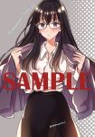  1girl :o bangs black-framed_eyewear black_hair black_skirt blush breasts cardigan character_name collared_shirt commentary_request copyright_name cowboy_shot eyebrows glasses grey_background himawari-san himawari-san_(character) long_hair long_skirt looking_at_viewer medium_breasts open_cardigan open_clothes purple_cardigan sample shirt shirt_tucked_in signature skirt solo standing sugano_manami violet_eyes white_shirt 