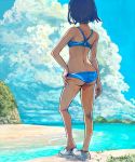  1girl anklet ass back beach bikini blue_bikini blue_hair blue_sky breasts clouds commentary_request hand_on_hip highres jewelry kuchibiru_(lipblue) mountain ocean original removing_shoes short_hair sky solo swimsuit 