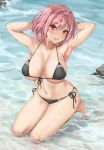  1girl absurdres amagi_(amagi626) armpits arms_up bare_arms bare_legs bare_shoulders barefoot bikini black_bikini breasts front-tie_bikini front-tie_top full_body hair_between_eyes highres kneeling large_breasts looking_at_viewer outdoors pink_hair red_eyes saigyouji_yuyuko short_hair side-tie_bikini smile solo string_bikini swimsuit touhou water 