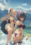  2girls animal_ears aqua_eyes arm_garter ass azur_lane bikini bird black_hair blue_hair blue_sky breasts brown_eyes cat_ears cheshire_(azur_lane) cheshire_(summery_date!)_(azur_lane) cirilla clouds detached_sleeves drake_(azur_lane) drake_(the_golden_hind&#039;s_respite)_(azur_lane) eyewear_on_head fake_animal_ears hair_ribbon highres innertube large_breasts leg_garter manjuu_(azur_lane) multicolored_hair multiple_girls ocean ponytail purple_bikini ribbon scenery seagull see-through sky strapless strapless_bikini string_bikini surfboard swimsuit tinted_eyewear tongue tongue_out wading waves white_bikini white_hair 