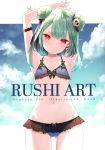  1girl absurdres armpits arms_up bikini breasts cover double_bun earrings fingernails flat_chest green_hair green_nails highres hololive jewelry looking_at_viewer nail_polish navel palm_tree red_eyes scan smile solo swimsuit tree uruha_rushia virtual_youtuber yasuyuki 
