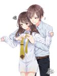  1boy 1girl belt blush brown_eyes brown_hair dated highres long_hair long_sleeves miffed necktie original pants pout shirt simple_background sleeves_past_wrists smile standing tying_tie white_background white_shirt yato_maru yellow_neckwear 