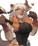  1girl absurdres axe breasts brown_fur clenched_hand commentary_request fang fur furry heart highres holding holding_axe korean_commentary large_breasts looking_at_viewer open_mouth short_hair simple_background sketch smile snout solo sookmo standing white_background white_hair yellow_eyes 