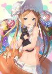  1girl abigail_williams_(fate/grand_order) abigail_williams_(swimsuit_foreigner)_(fate) bangs bare_shoulders bikini black_cat blonde_hair blue_eyes blush bonnet bow braid breasts cat fate/grand_order fate_(series) forehead hair_bow hair_rings heart innertube long_hair looking_at_viewer miniskirt navel open_mouth parted_bangs shin716 sidelocks simple_background skirt small_breasts smile swimsuit twin_braids twintails very_long_hair white_background white_bikini white_bow white_headwear 