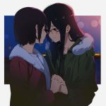  2girls black_hair black_sweater casual closed_eyes coat facing_another fur-trimmed_coat fur_trim glasses green_coat hibike!_euphonium holding_hands kamo_kamen light_smile long_hair looking_at_another multiple_girls nakaseko_kaori purple_coat smile sweater tanaka_asuka white_sweater yuri 