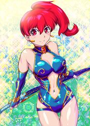  1girl armor asagiri_youko bikini_armor breasts closed_mouth earrings genmu_senki_leda highres jewelry long_hair looking_at_viewer navel oldschool redhead shiny side_ponytail smile solo ueyama_michirou weapon 