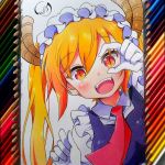  1girl apron bangs blonde_hair colored_pencil_(medium) dragon_girl dragon_horns eyebrows_visible_through_hair frills gloves horns kobayashi-san_chi_no_maidragon long_hair looking_at_viewer maid maid_apron maid_headdress necktie open_mouth orange_hair photo red_neckwear simple_background slit_pupils smile solo tooru_(maidragon) traditional_media twintails white_background white_gloves will_douglas 