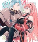  armor bangs black_legwear blush blush_stickers breastplate caspar_von_bergliez dress fire_emblem fire_emblem:_three_houses fireman&#039;s_carry full_armor gauntlets gloves green_hair hilda_valentine_goneril kurosumi_(kuro62114) long_hair looking_at_another looking_at_viewer pink_eyes pink_hair red_gloves smirk strapless strapless_dress 