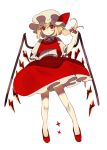  1girl absurdres ascot bangs bare_legs blonde_hair bubble_skirt closed_mouth collared_shirt crystal flandre_scarlet frilled_skirt frilled_sleeves frills full_body hair_between_eyes hand_up hat hat_ribbon highres looking_away mob_cap nail_polish no_legwear one_side_up petticoat puffy_short_sleeves puffy_sleeves red_eyes red_footwear red_nails red_ribbon red_skirt red_vest red_wings ribbon shirt short_hair short_sleeves simple_background skirt skirt_set slit_pupils solo standing takushiima touhou vest white_background white_shirt wings 