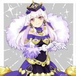  1girl closed_mouth dress fire_emblem fire_emblem:_three_houses fire_emblem_heroes fur_trim gloves hair_ornament hat long_hair lysithea_von_ordelia pink_eyes simple_background smile solo twitter_username white_gloves white_hair yukia_(firstaid0) 