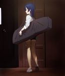  1girl a1 alternate_costume bag bangs blue_hair bracelet commentary_request duffel_bag facing_to_the_side full_body highres jewelry long_hair long_sleeves love_live! love_live!_school_idol_project ribbed_legwear shirt shoes shorts sleeves_folded_up smile sneakers solo sonoda_umi swept_bangs thigh-highs white_shirt yellow_eyes yellow_legwear 