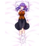  1girl bangs bed_sheet black_skirt brown_vest collared_shirt dress_shirt erspace fate/stay_night fate_(series) from_above full_body hair_between_eyes hair_ribbon head_tilt homurahara_academy_uniform kneehighs long_hair long_sleeves lying matou_sakura medium_skirt neck_ribbon on_back open_mouth pillow pink_ribbon purple_hair red_ribbon ribbon shiny shiny_hair shirt skirt solo vest violet_eyes white_legwear white_shirt wing_collar 