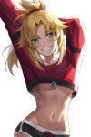  1girl arms_up bangs black_shorts blonde_hair blush breasts crop_top crop_top_overhang dolphin_shorts fate/apocrypha fate_(series) green_eyes grin hair_ornament hair_scrunchie highres jewelry long_hair long_sleeves looking_at_viewer medium_breasts midriff mordred_(fate) mordred_(fate)_(all) navel necklace parted_bangs pendant ponytail red_scrunchie scrunchie short_shorts shorts sidelocks simple_background small_breasts smile tonee under_boob white_background 