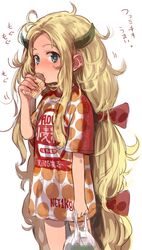  1girl bag blonde_hair blue_eyes blush bosako_(haguhagu) bow eating from_side grocery_bag haguhagu_(rinjuu_circus) hair_bow hand_up highres holding horns long_hair looking_at_viewer looking_to_the_side messy_hair original oversized_clothes oversized_shirt red_bow shirt shopping_bag short_sleeves solo standing very_long_hair white_background 