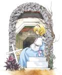  1girl alice_margatroid arch blonde_hair blue_dress blue_eyes building capelet commentary cross dress from_side full_body grass hairband highres kaigen_1025 long_sleeves outdoors plant puffy_sleeves purple_neckwear red_hairband shirt short_hair sitting solo touhou tree white_shirt 