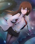  1girl bangs belt black_legwear black_shorts blue_eyes breasts brown_hair closed_mouth collared_shirt dress_shirt floating_hair hair_between_eyes hand_on_hip highres labcoat lemonolem long_hair looking_at_viewer makise_kurisu necktie pantyhose red_neckwear shirt short_shorts shorts small_breasts smile solo steins;gate thigh_gap very_long_hair white_belt white_shirt wing_collar 