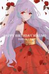  1girl character_name dated flower happy_birthday highres long_hair looking_at_viewer macross macross_delta mikumo_guynemer osatsu_a purple_hair red_eyes red_flower red_rose rose solo very_long_hair 