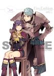  1boy 1girl armor artist_name bernadetta_von_varley blush caspar_von_bergliez chair commission fire_emblem fire_emblem:_three_houses fishine flying_sweatdrops hair_ornament looking_at_another needle open_mouth short_hair smile stitching stuffed_animal stuffed_toy teddy_bear 