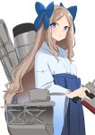  1girl adapted_turret asakaze_(kantai_collection) bangs blue_eyes blue_hakama blue_kimono cannon forehead hair_ribbon hakama highres japanese_clothes kantai_collection kimono light_brown_hair long_hair machinery meiji_schoolgirl_uniform mizuki_eiru_(akagi_kurage) parted_bangs ribbon sidelocks simple_background solo turret wavy_hair white_background 