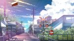  1girl blue_sky blue_theme clouds highres official_art power_lines railing railroad_tracks road_sign rokuban_(6thavenue) scenery shadow sign sitting sky summer 