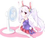  1girl absurdres animal_ears azur_lane back bangs bare_shoulders blue_camisole blush bunny_tail camisole commentary_request electric_fan eyebrows_visible_through_hair fake_animal_ears fake_tail from_behind full_body hair_between_eyes hair_ornament hairband highres hot kinokan laffey_(azur_lane) long_hair looking_at_viewer no_jacket no_shoes pleated_skirt rabbit_ears red_eyes red_skirt shadow sidelocks simple_background sitting skirt solo strap_slip sweat tail thigh-highs translation_request twintails very_long_hair wariza white_background white_hair white_legwear zettai_ryouiki 