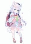  1girl absurdres backpack bag beads blue_eyes capelet child crepe dragon_girl dragon_horns dress expressionless food fruit full_body hair_beads hair_ornament hairband highres horns kanna_kamui kobayashi-san_chi_no_maidragon lavender_hair long_hair low_twintails pink_dress randoseru red_footwear ribbon shoes short_dress simple_background solo strawberry tail thigh-highs twintails umemaro_(siona0908) white_background white_capelet white_legwear 