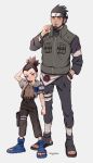  2boys absurdres beard black_hair blush brown_eyes cigarette facial_hair fishnet_top flak_jacket forehead_protector full_body gogglesyo highres jacket konohagakure_symbol looking_at_viewer multiple_boys nara_shikamaru naruto naruto_(series) open_mouth sandals sarutobi_asuma smoking white_background 